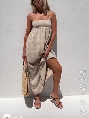 Sabo Skirt Azaria Beige Striped Spaghetti‑Strap Maxi Dress